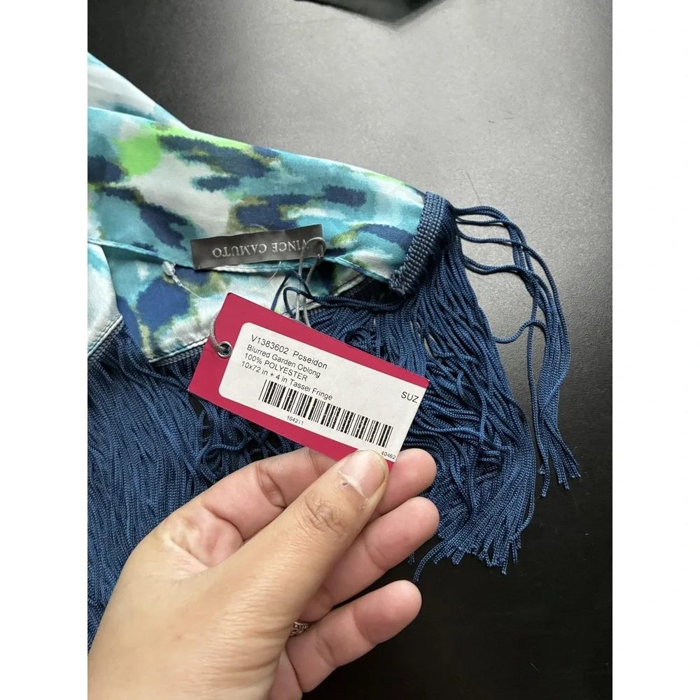 Vince Camuto Scarf Womens One Size Blue‎ Floral Chiffon Rectangle Tassel Fringe